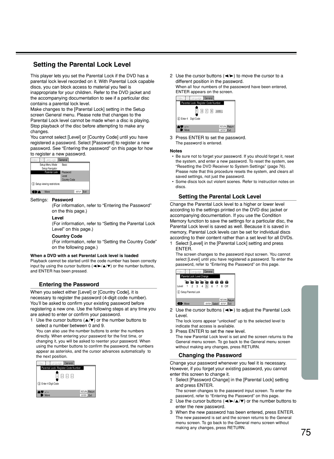 Onkyo DR-S2.2 instruction manual Setting the Parental Lock Level, Entering the Password, Changing the Password 