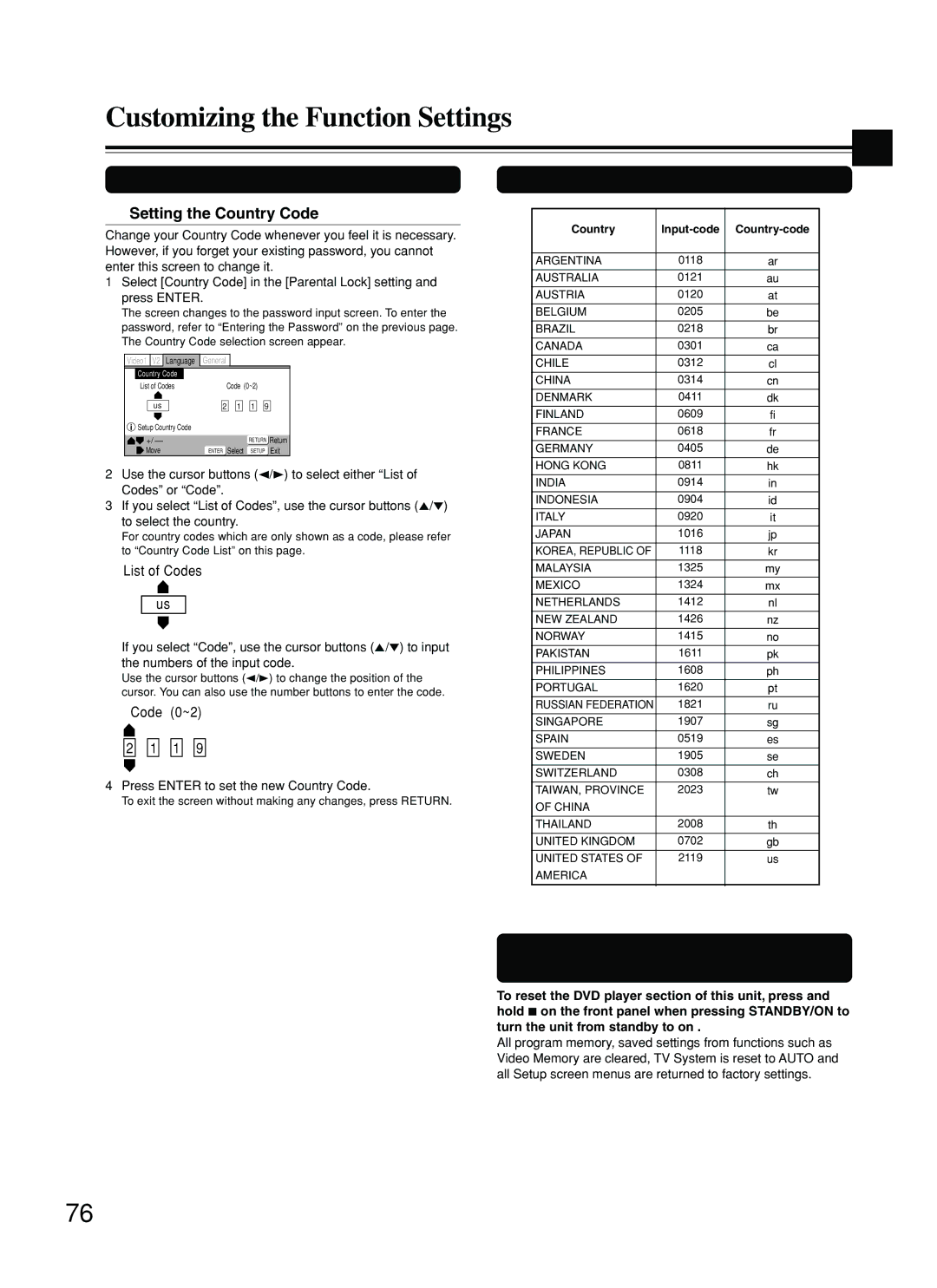 Onkyo DR-S2.2 instruction manual Country Code List, Resetting the DVD Receiver to System Settings, Setting the Country Code 