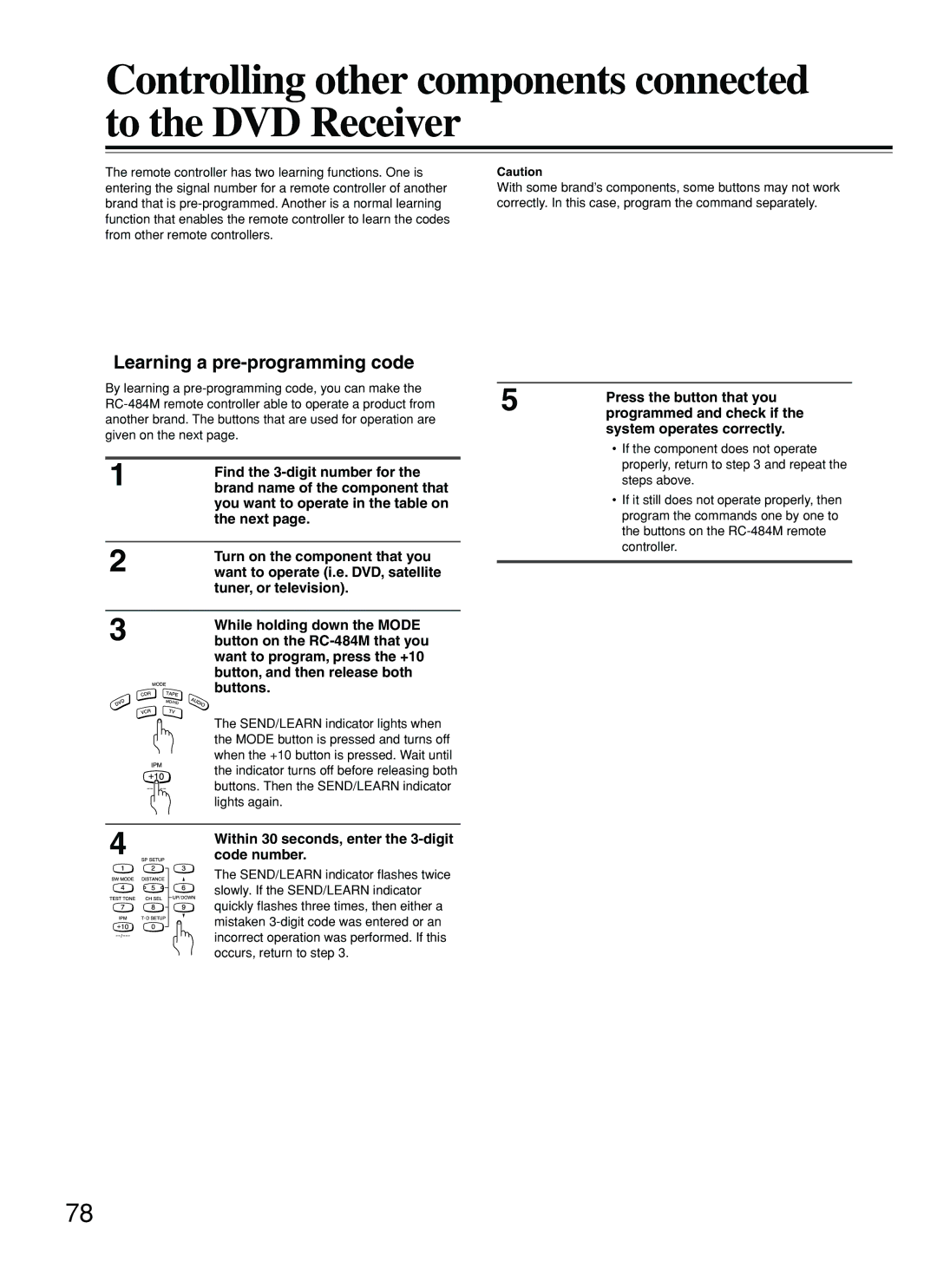 Onkyo DR-S2.2 Controlling other components connected to the DVD Receiver, Learning a pre-programming code 