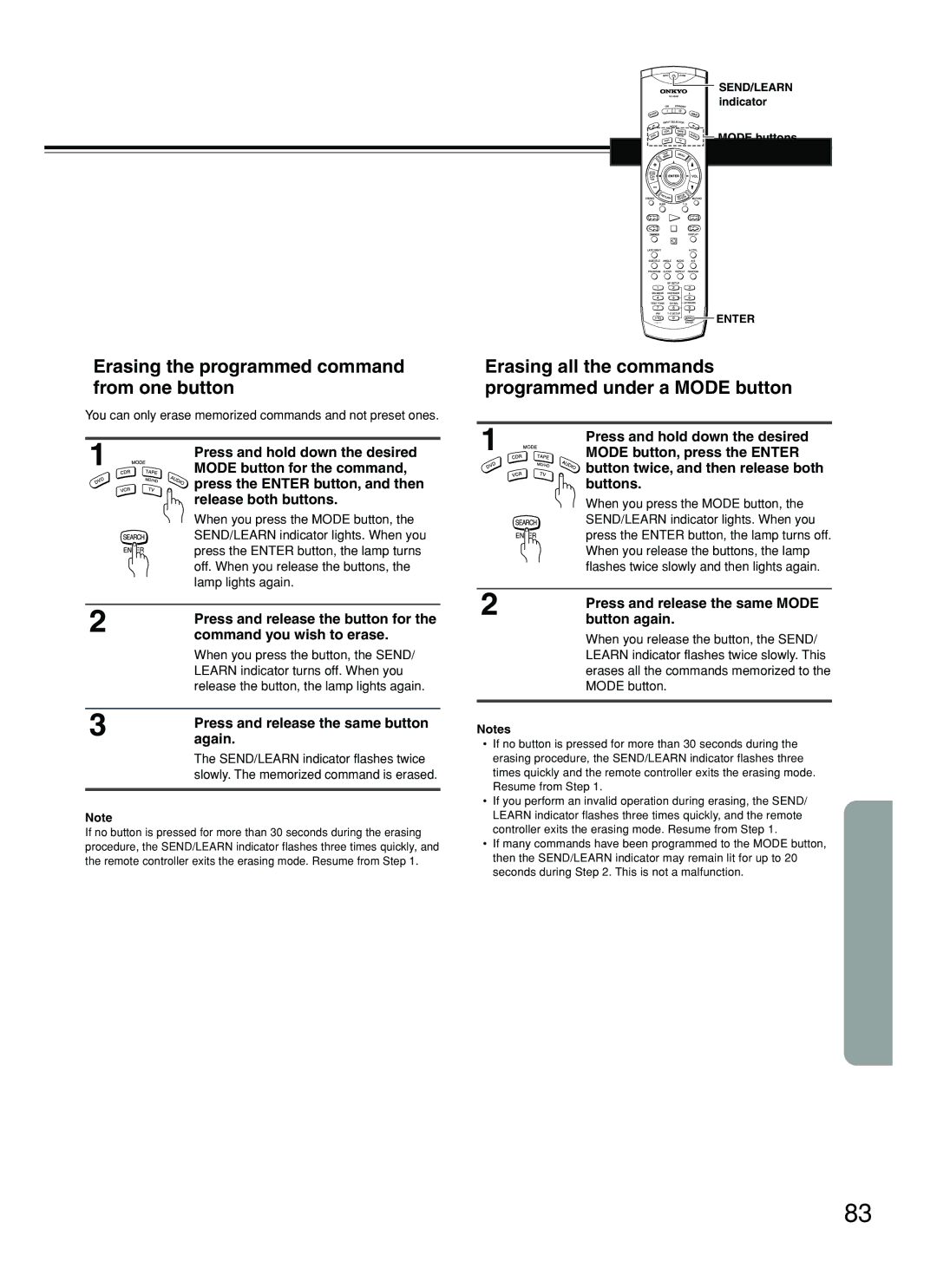 Onkyo DR-S2.2 Erasing the programmed command from one button, Erasing all the commands programmed under a Mode button 