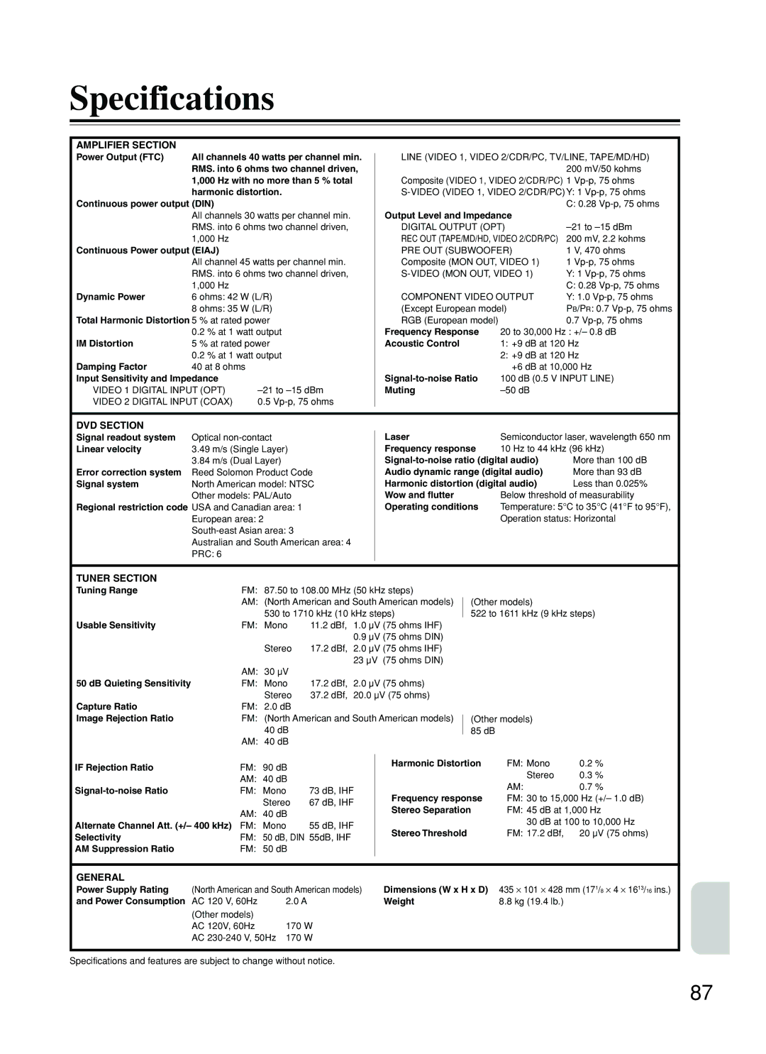 Onkyo DR-S2.2 instruction manual Specifications 