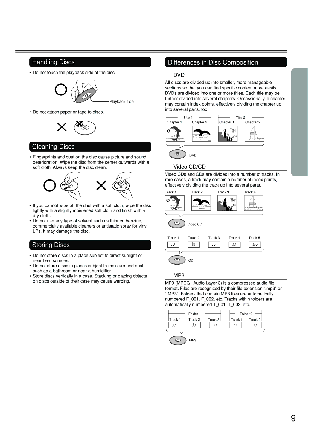 Onkyo DR-S2.2 instruction manual Handling Discs, Differences in Disc Composition, Cleaning Discs, Storing Discs 