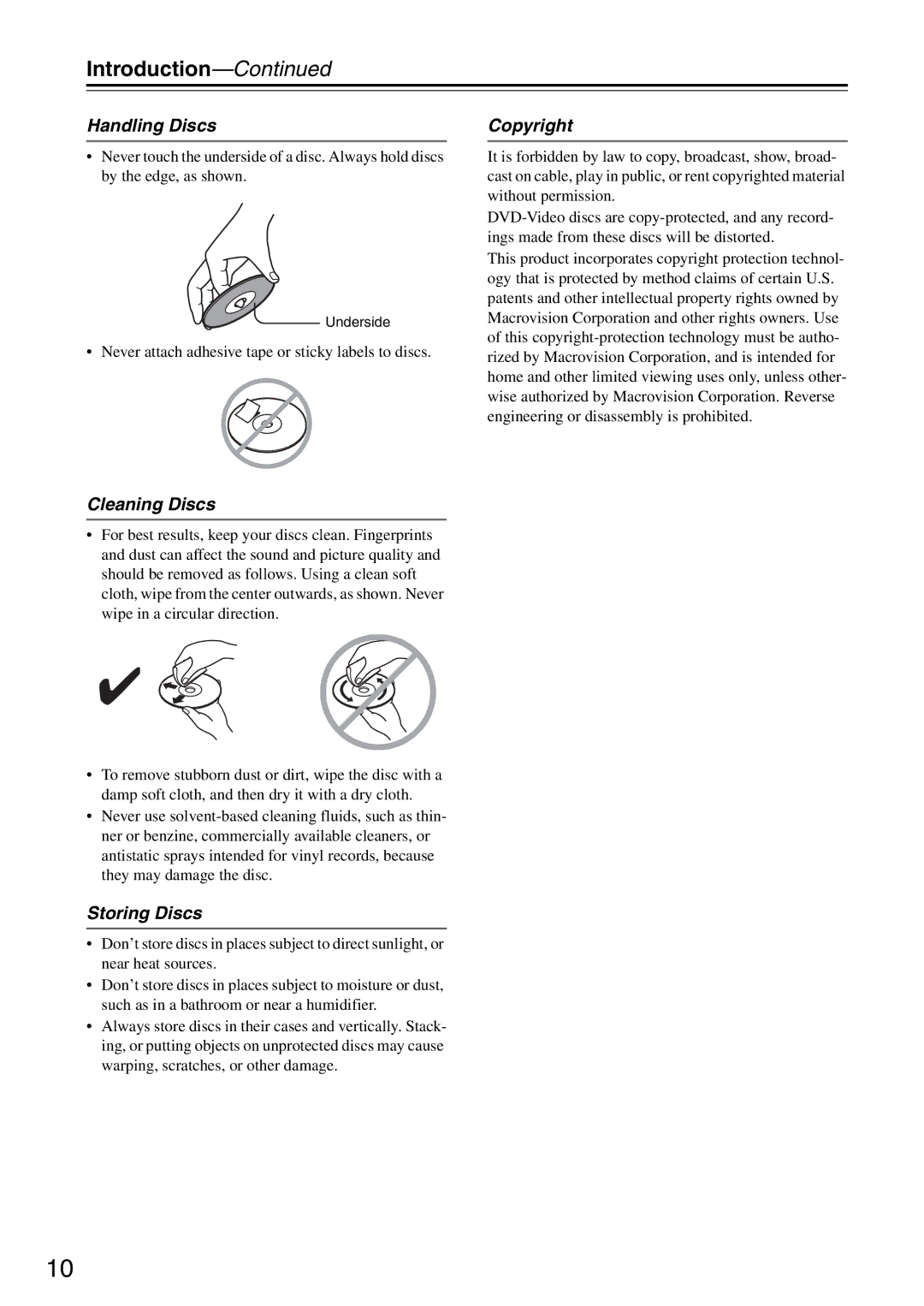 Onkyo DR-S501 instruction manual Handling Discs, Cleaning Discs, Storing Discs, Copyright 