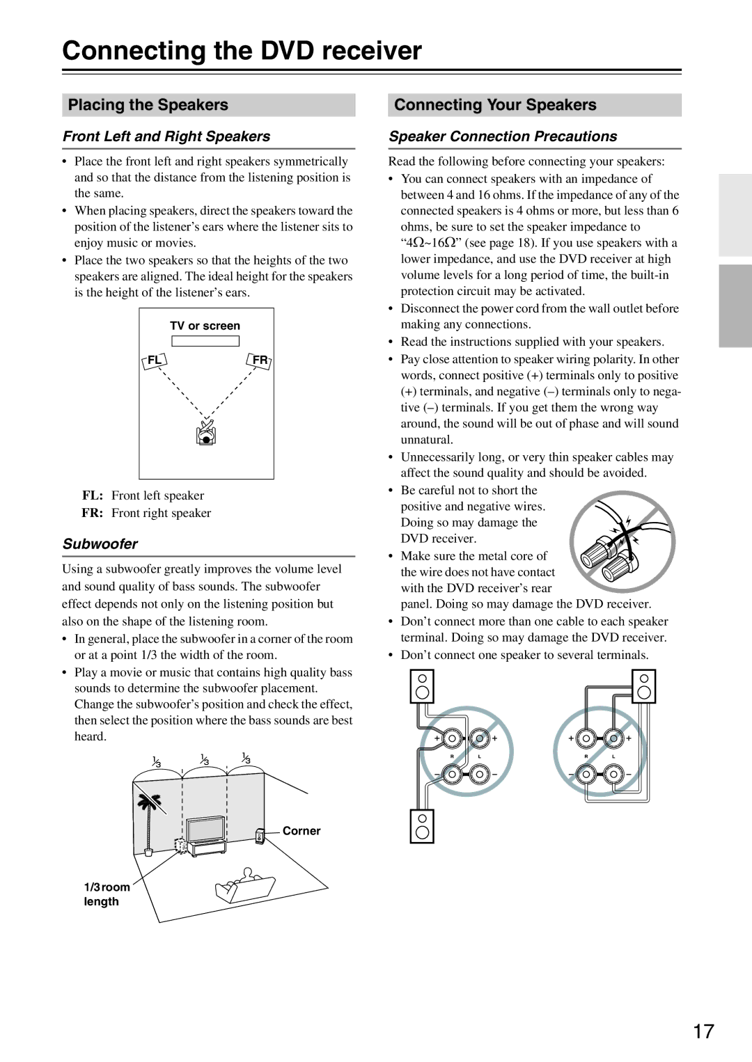 Onkyo DR-S501 instruction manual Connecting the DVD receiver, Placing the Speakers, Connecting Your Speakers 