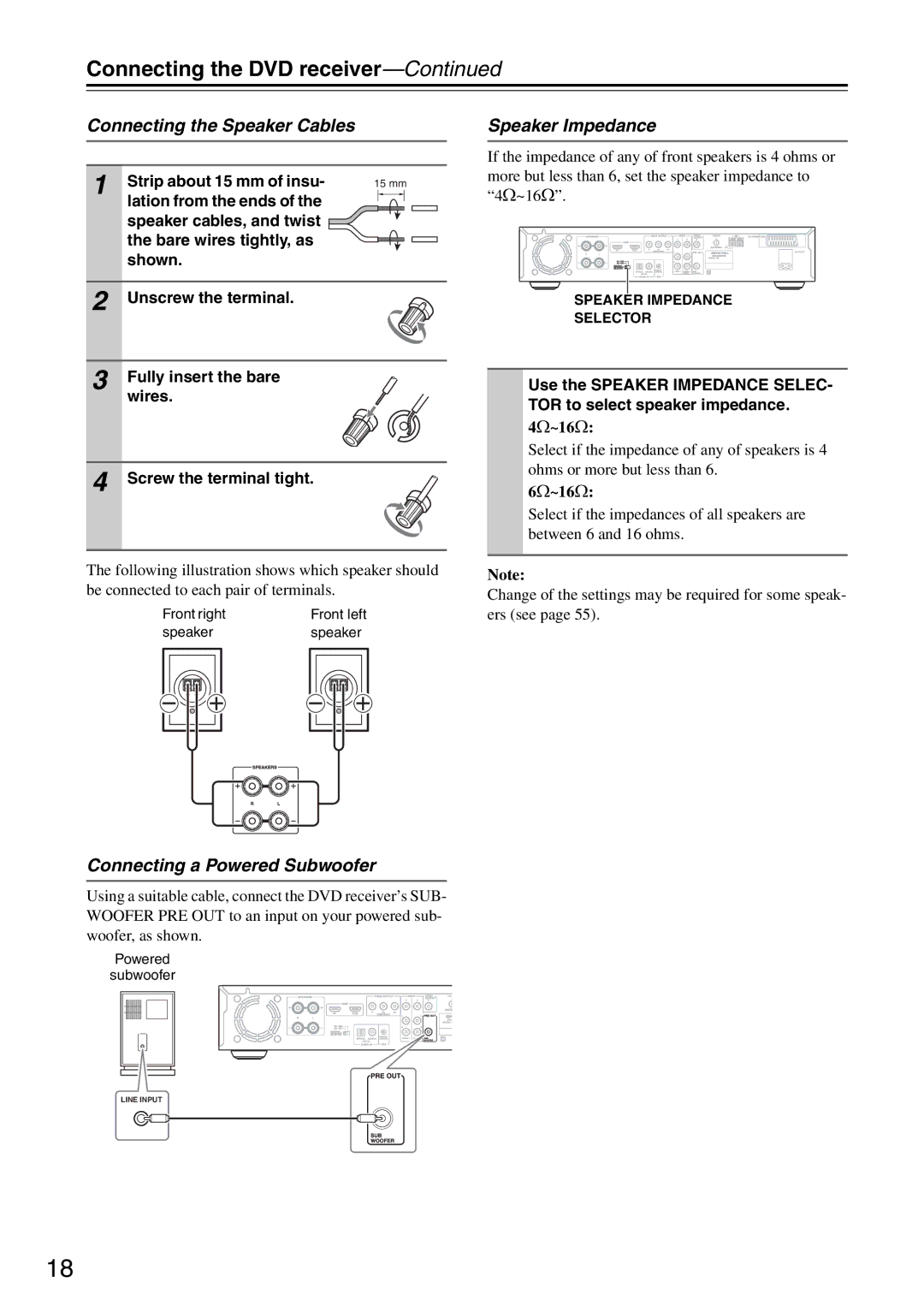 Onkyo DR-S501 instruction manual Connecting the DVD receiver, Connecting the Speaker Cables, Connecting a Powered Subwoofer 