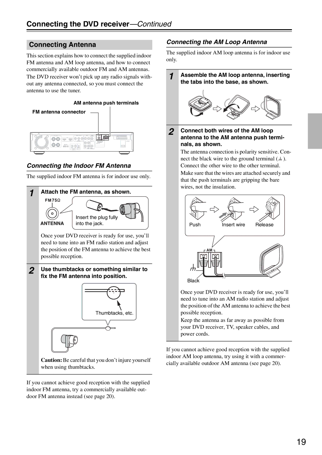 Onkyo DR-S501 instruction manual Connecting Antenna, Connecting the Indoor FM Antenna, Connecting the AM Loop Antenna 