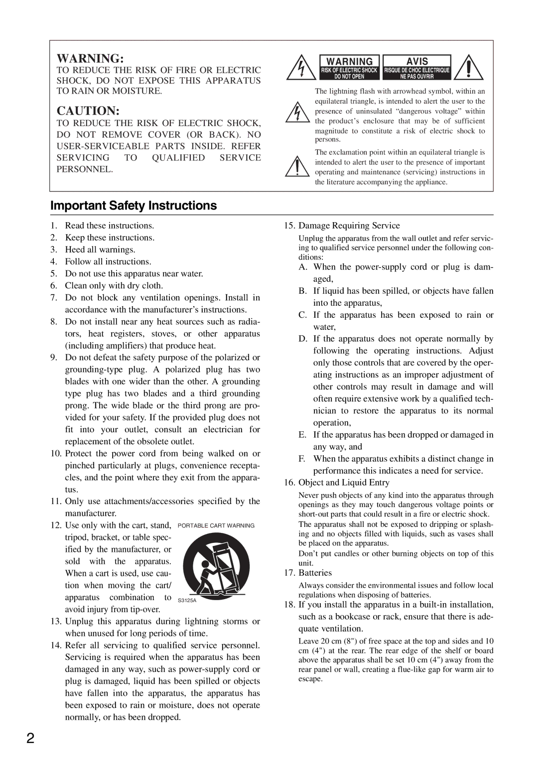 Onkyo DR-S501 instruction manual Important Safety Instructions, Batteries 