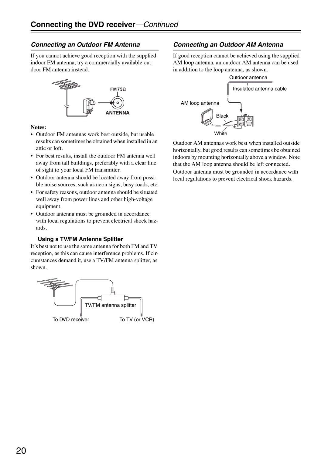 Onkyo DR-S501 Connecting an Outdoor FM Antenna, Connecting an Outdoor AM Antenna, Using a TV/FM Antenna Splitter 