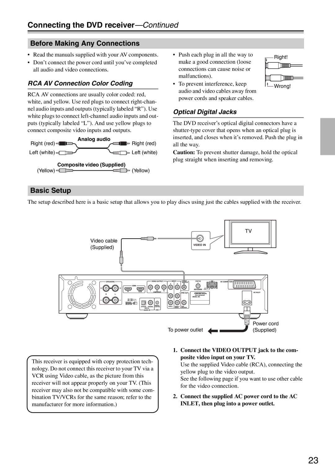 Onkyo DR-S501 Before Making Any Connections, Basic Setup, RCA AV Connection Color Coding, Optical Digital Jacks 