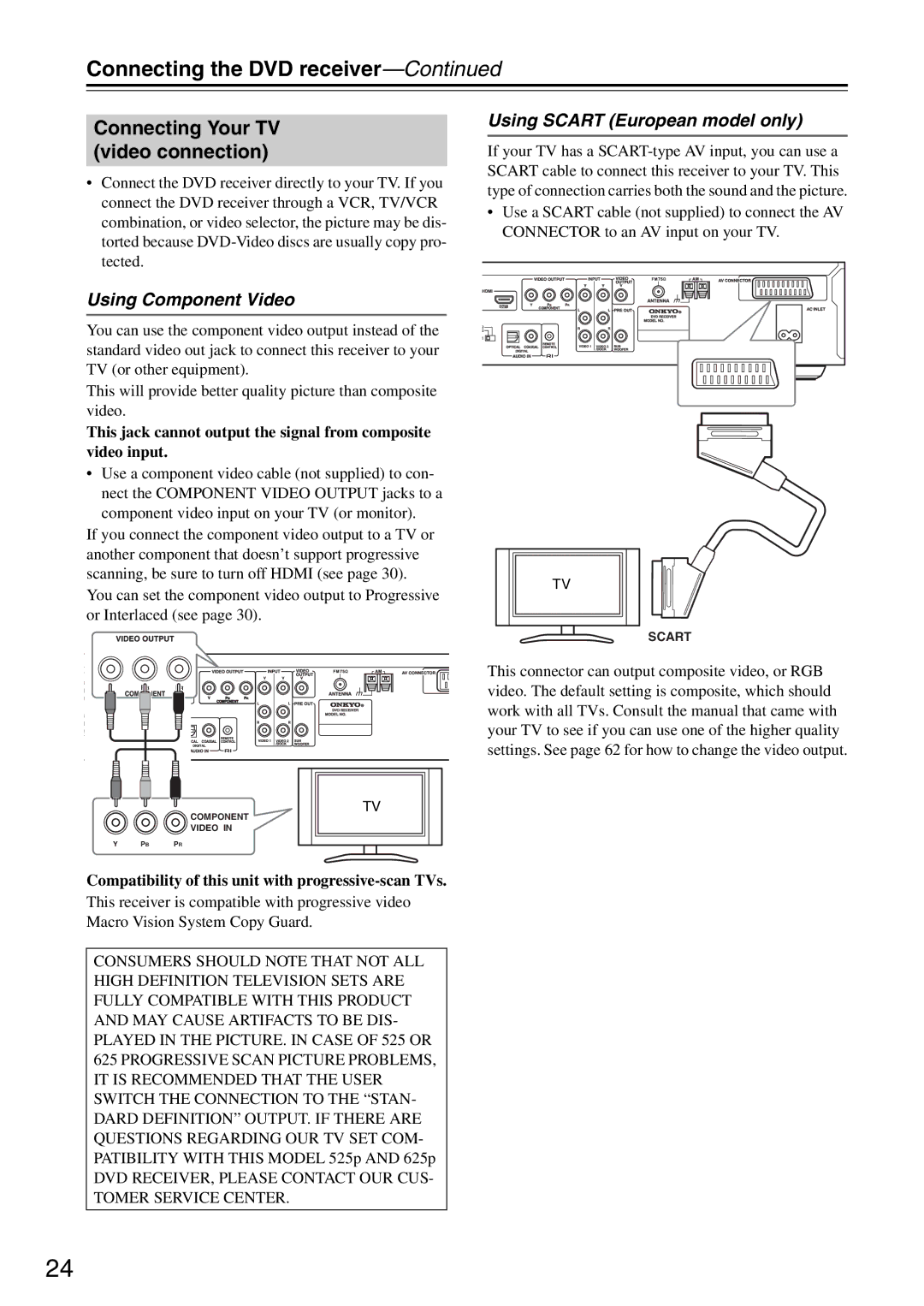 Onkyo DR-S501 Connecting Your TV video connection, Using Component Video, Using Scart European model only 