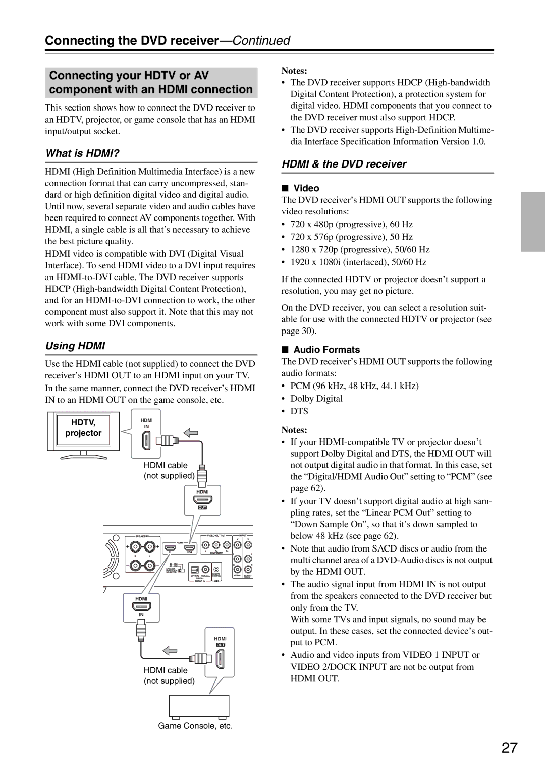 Onkyo DR-S501 instruction manual What is HDMI?, Using Hdmi, Hdmi & the DVD receiver, Video, Audio Formats 