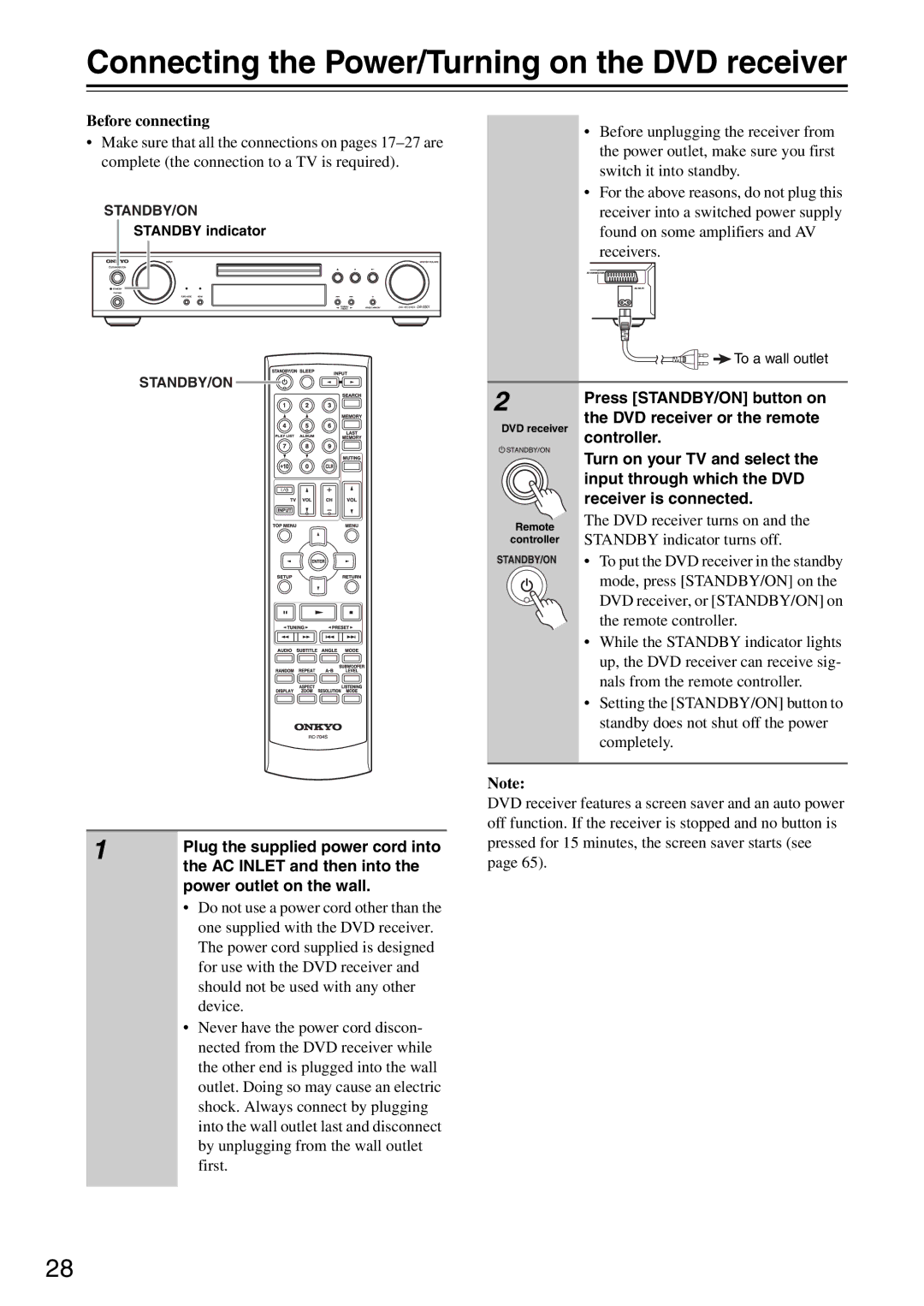 Onkyo DR-S501 instruction manual Connecting the Power/Turning on the DVD receiver, Before connecting, Standby indicator 