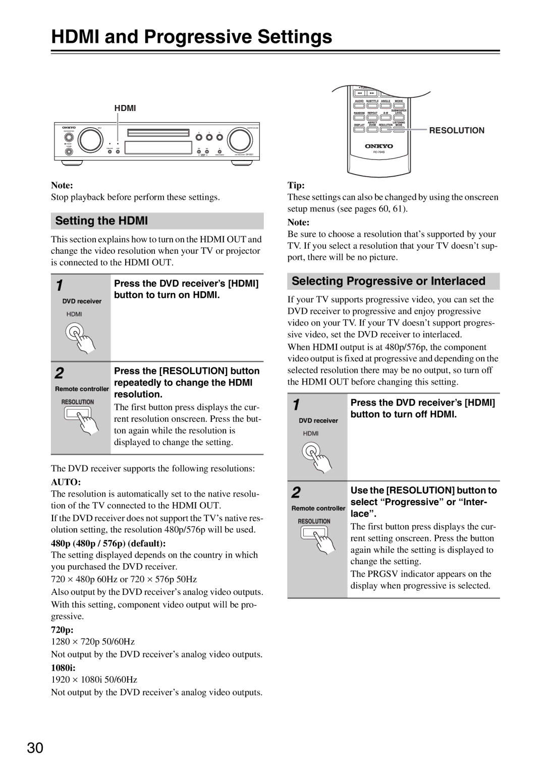 Onkyo DR-S501 instruction manual Hdmi and Progressive Settings, Setting the Hdmi, Selecting Progressive or Interlaced 