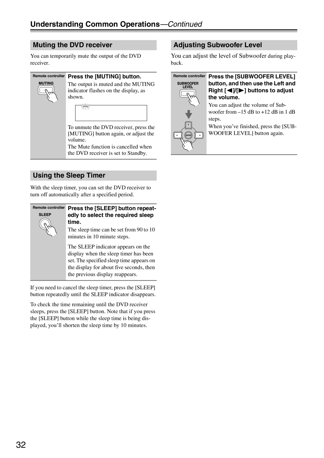 Onkyo DR-S501 Understanding Common Operations, Muting the DVD receiver, Using the Sleep Timer, Adjusting Subwoofer Level 