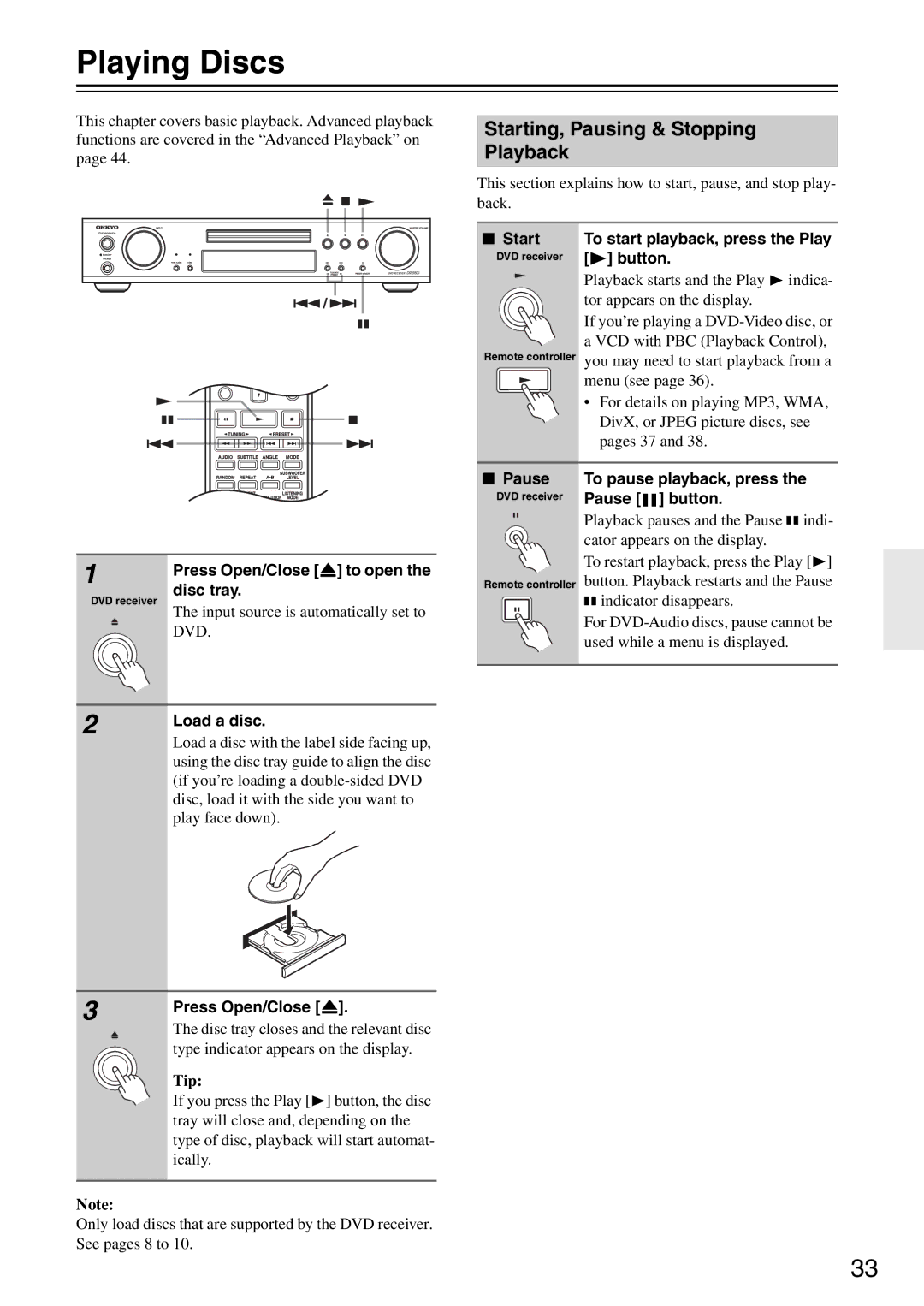 Onkyo DR-S501 instruction manual Playing Discs, Starting, Pausing & Stopping Playback 