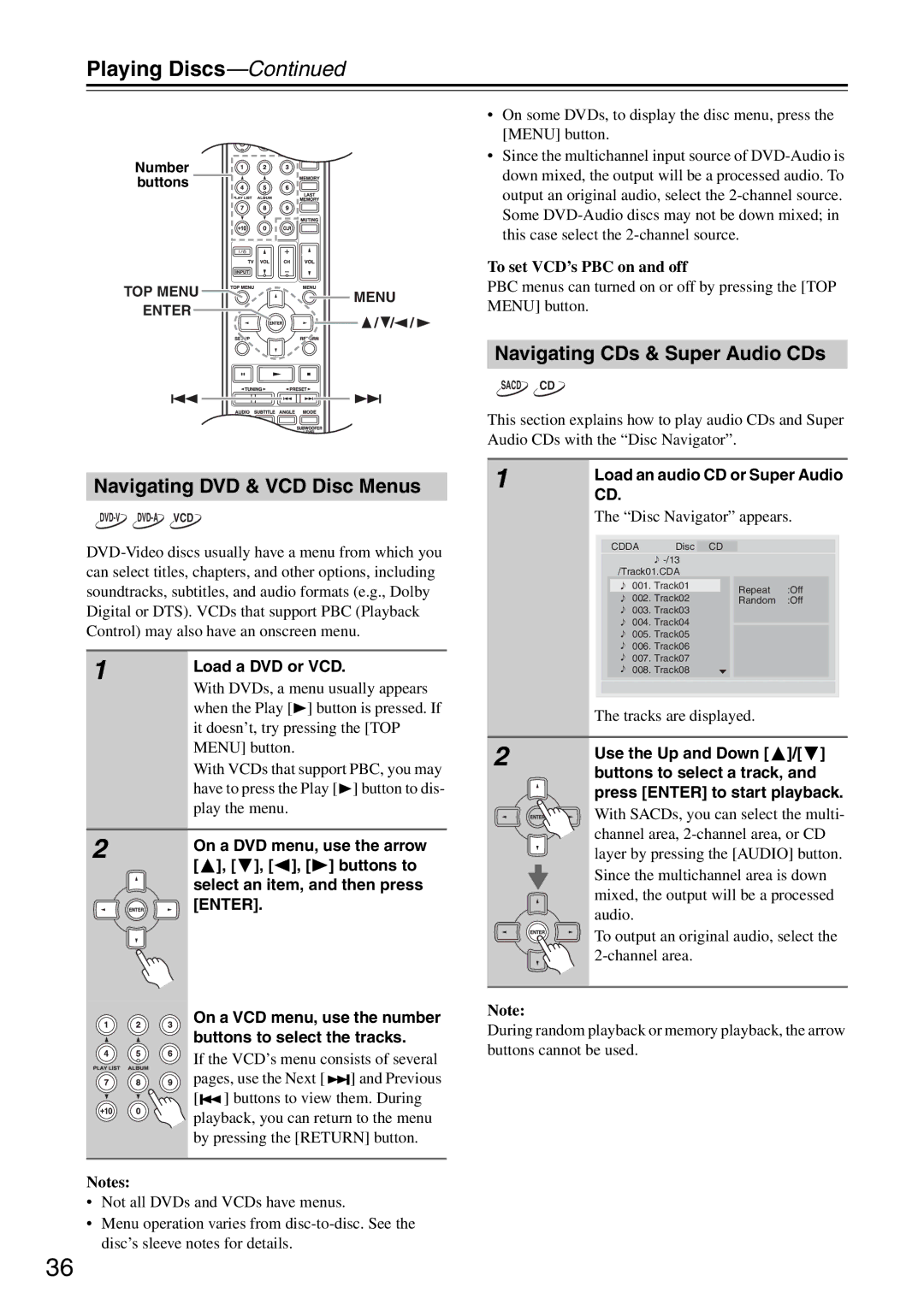 Onkyo DR-S501 instruction manual Navigating DVD & VCD Disc Menus, Navigating CDs & Super Audio CDs 