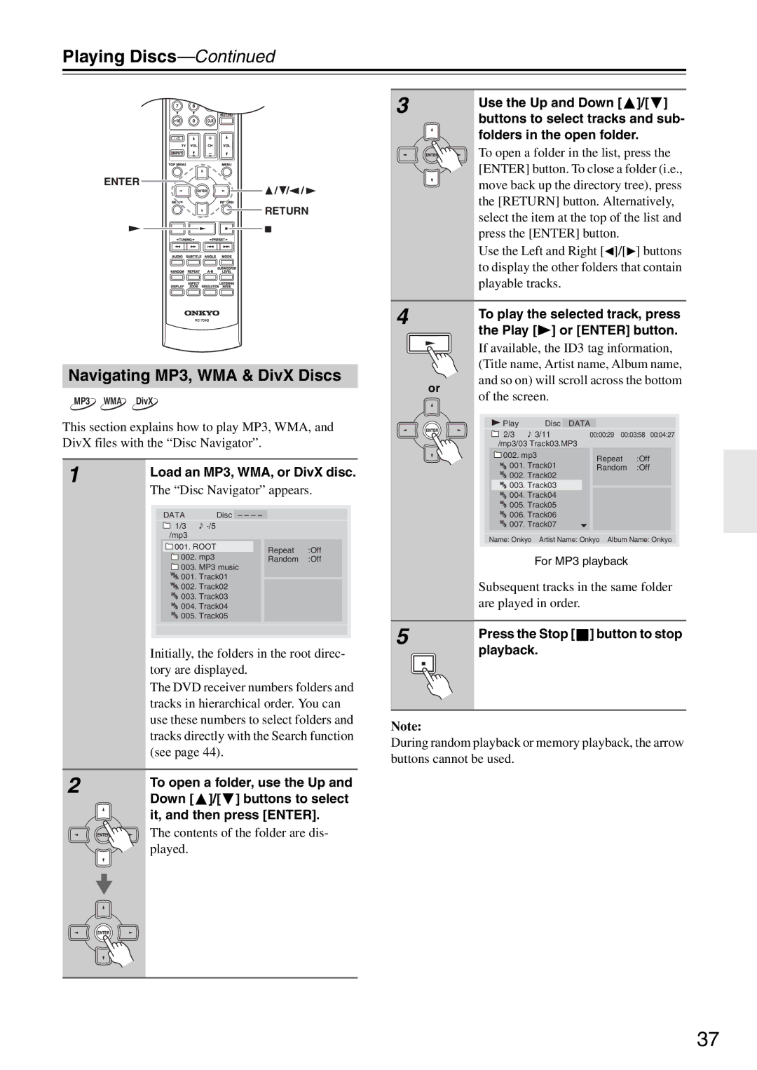 Onkyo DR-S501 instruction manual Navigating MP3, WMA & DivX Discs 