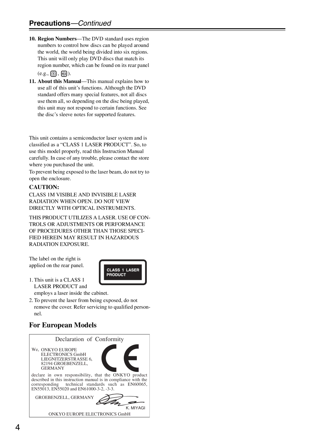 Onkyo DR-S501 instruction manual Precautions, For European Models 