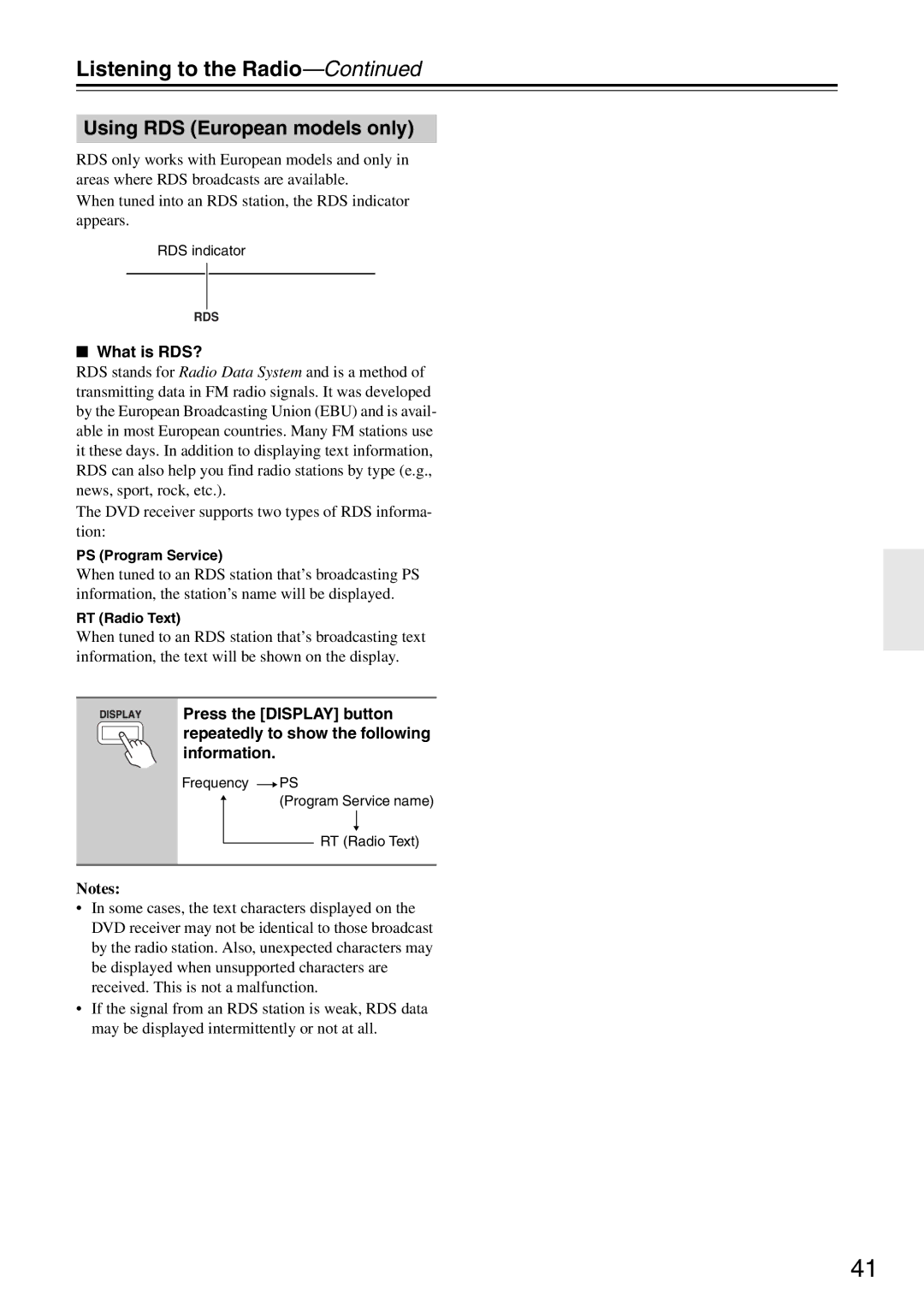 Onkyo DR-S501 instruction manual Using RDS European models only, What is RDS?, PS Program Service, RT Radio Text 