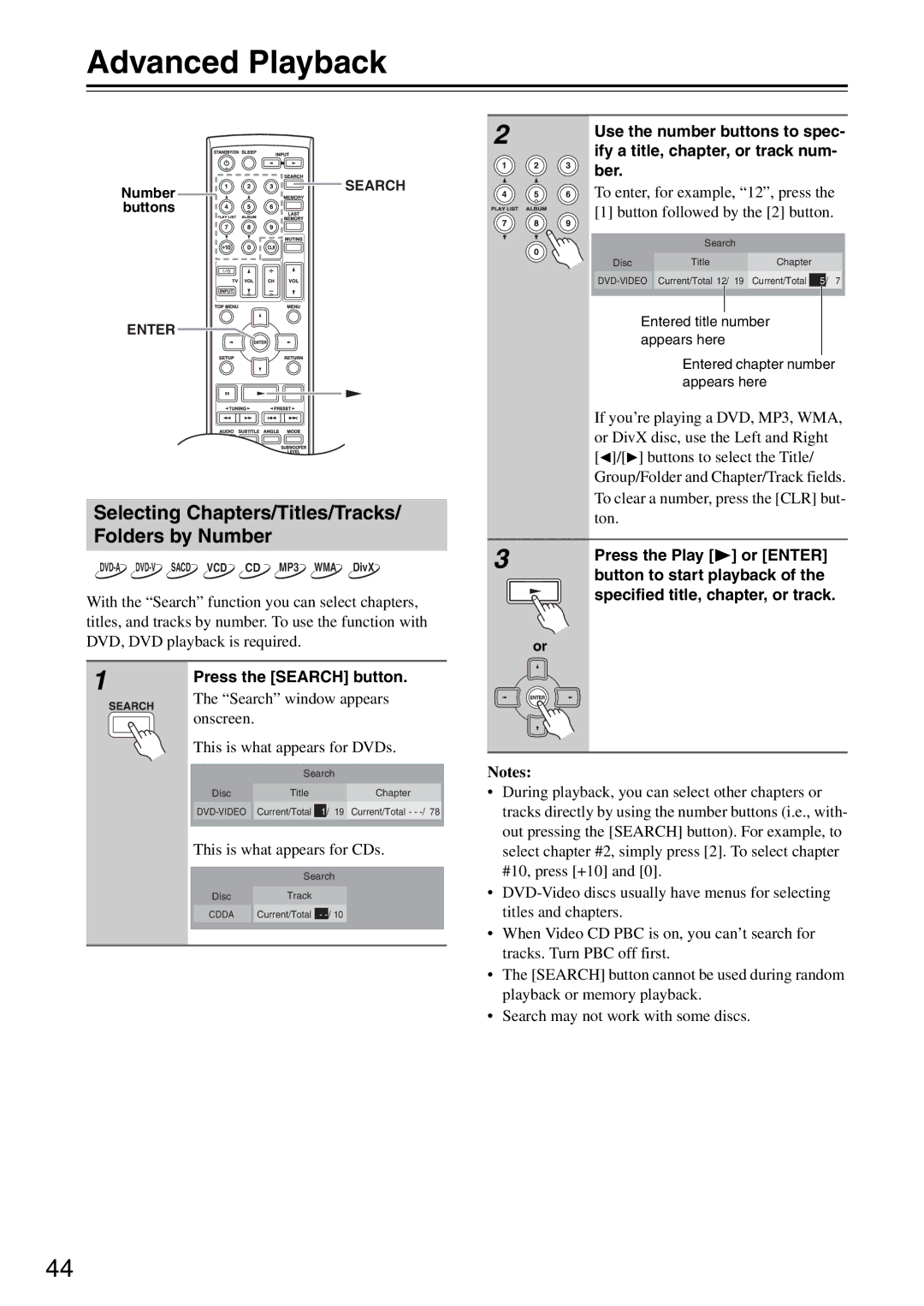 Onkyo DR-S501 Advanced Playback, Press the Search button, This is what appears for CDs, Press the Play or Enter 