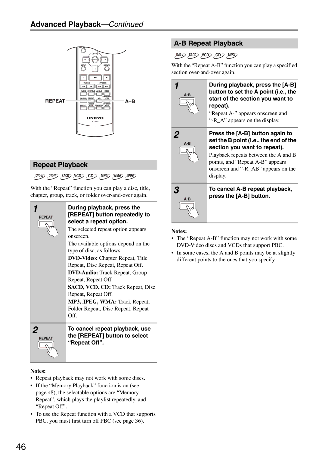 Onkyo DR-S501 instruction manual Repeat Playback, Repeat A- appears onscreen and -RA appears on the display 