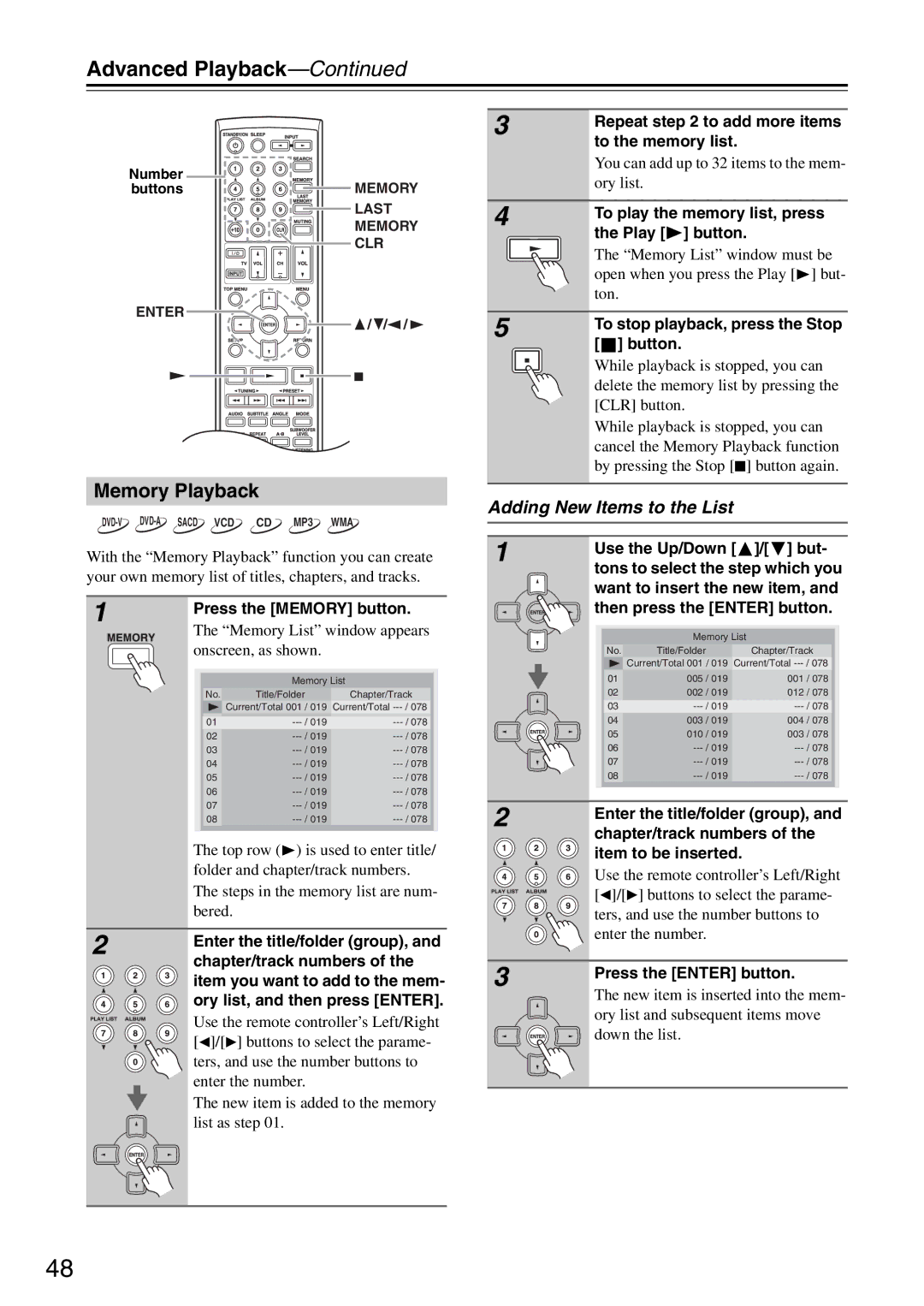 Onkyo DR-S501 instruction manual Memory Playback, Adding New Items to the List 