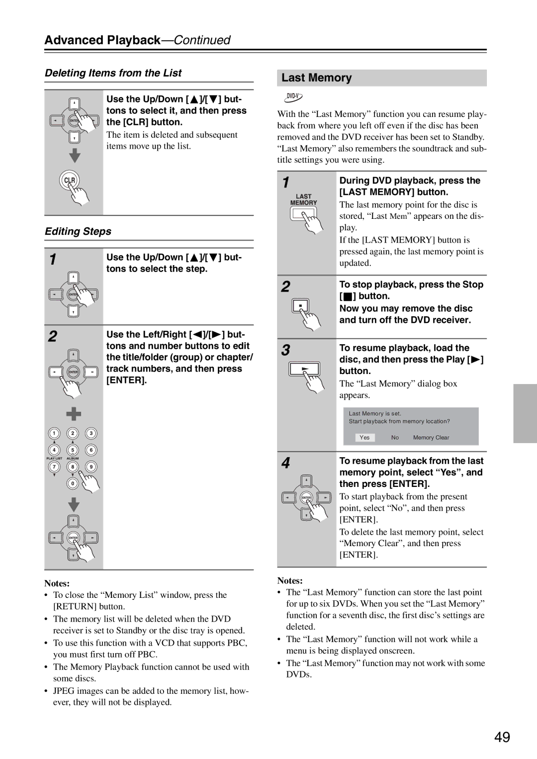 Onkyo DR-S501 instruction manual Last Memory, Deleting Items from the List, Editing Steps 