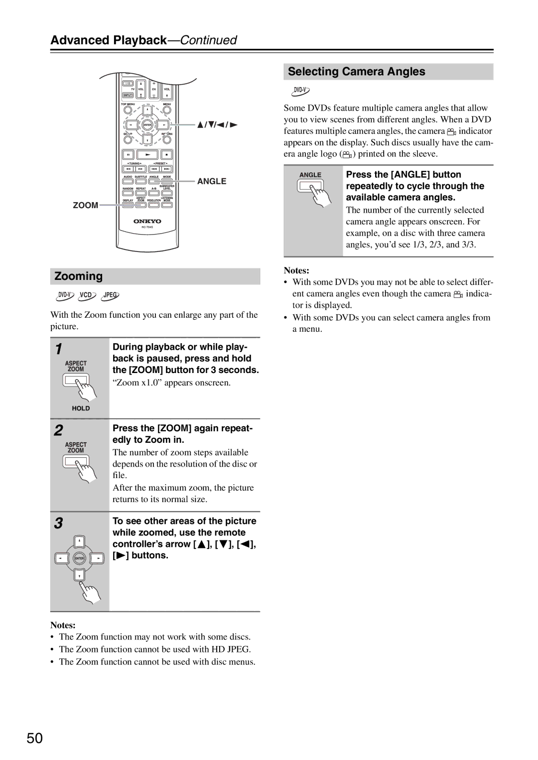 Onkyo DR-S501 Zooming, Selecting Camera Angles, Zoom x1.0 appears onscreen, Press the Zoom again repeat- edly to Zoom 