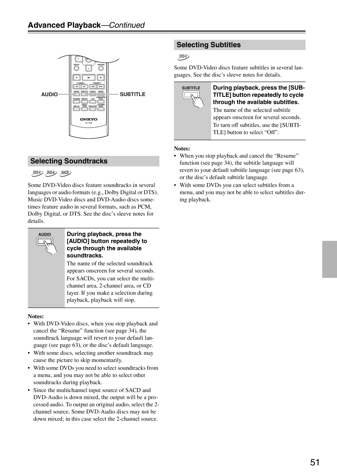 Onkyo DR-S501 instruction manual Selecting Soundtracks, Selecting Subtitles 