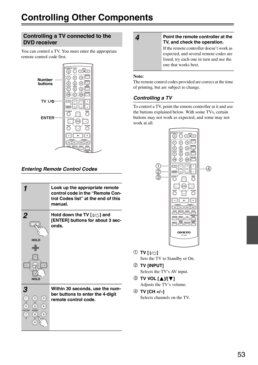 Onkyo DR-S501 Controlling Other Components, Controlling a TV connected to the DVD receiver, Entering Remote Control Codes 