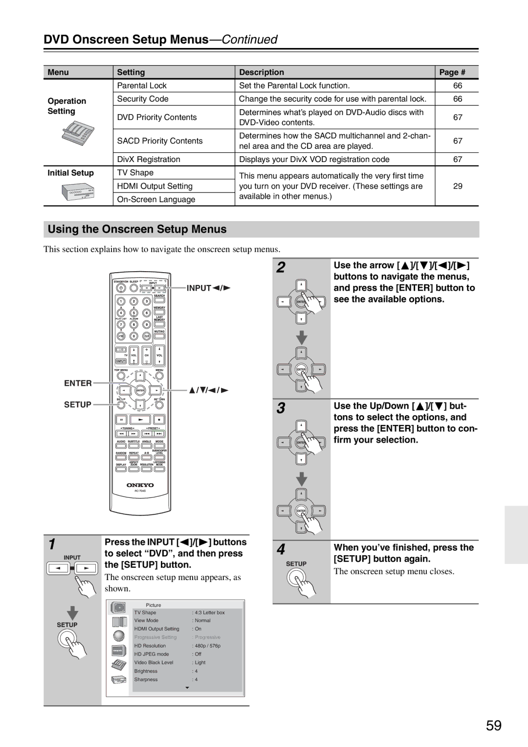 Onkyo DR-S501 DVD Onscreen Setup Menus, Using the Onscreen Setup Menus, Tons to select the options, Firm your selection 