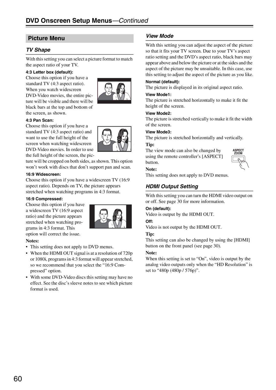 Onkyo DR-S501 instruction manual Picture Menu, TV Shape, View Mode, Hdmi Output Setting 