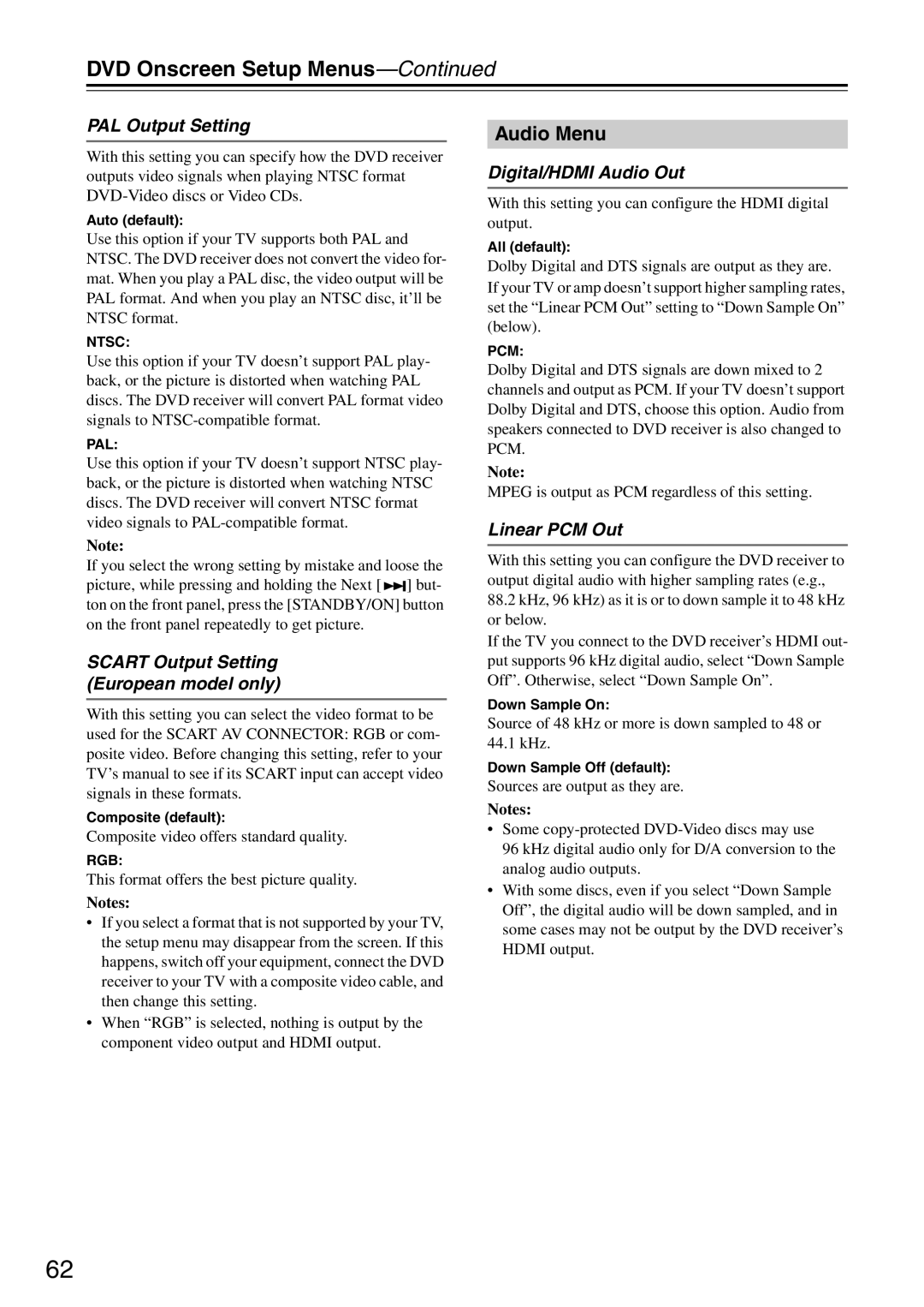 Onkyo DR-S501 Audio Menu, PAL Output Setting, Scart Output Setting European model only, Digital/HDMI Audio Out 