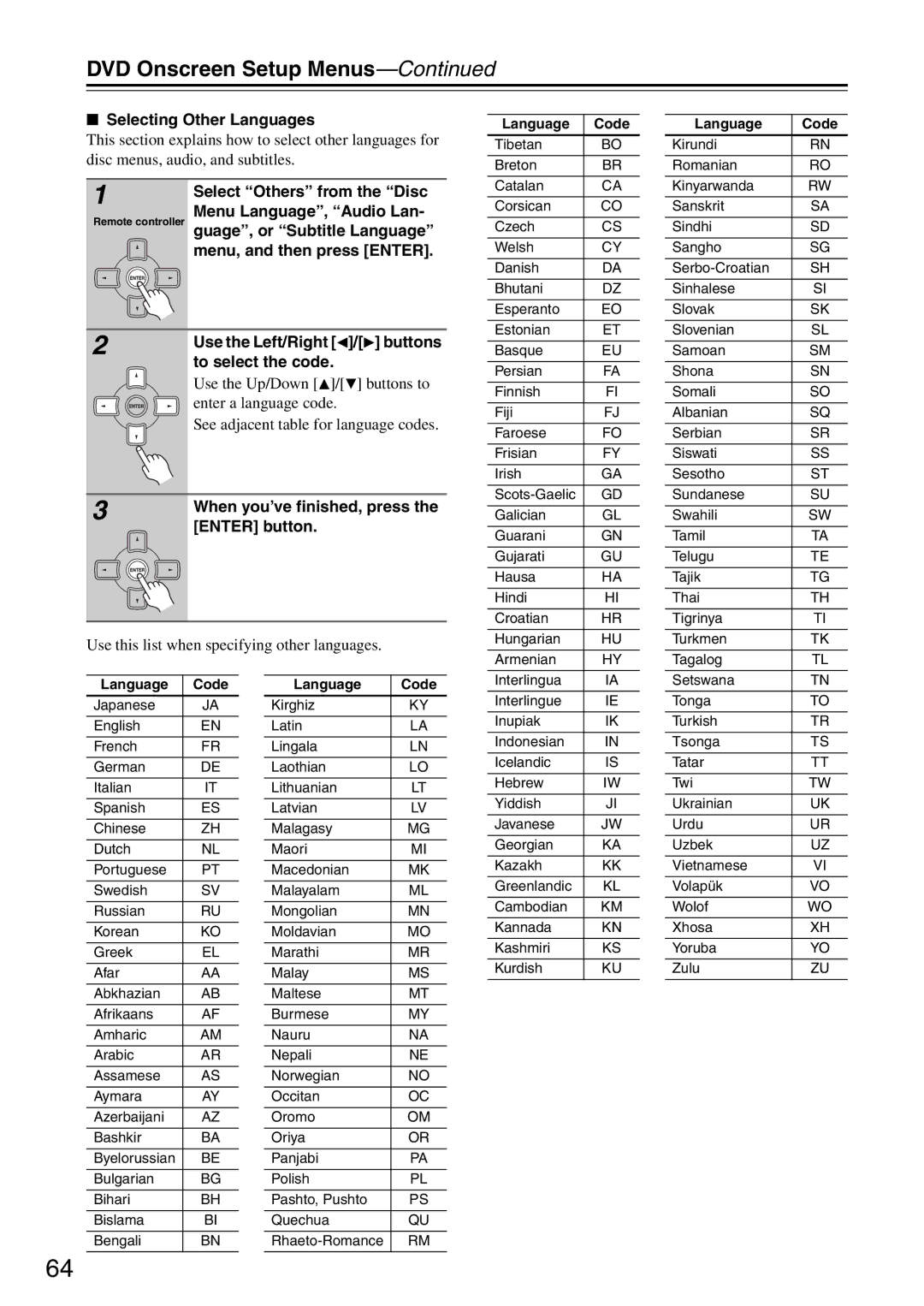 Onkyo DR-S501 instruction manual Selecting Other Languages, When you’ve finished, press the Enter button, Language Code 