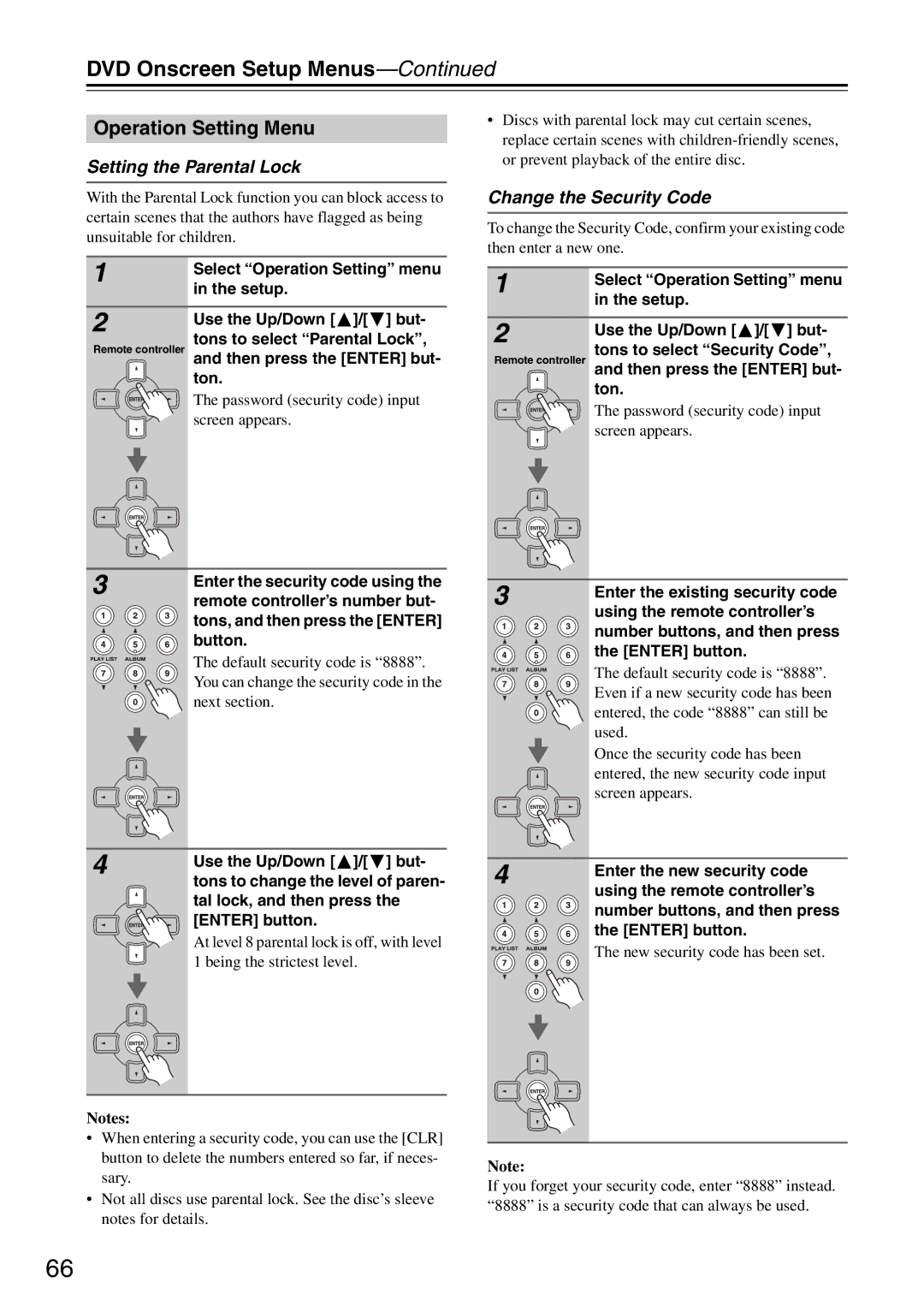 Onkyo DR-S501 Operation Setting Menu, Setting the Parental Lock, Change the Security Code, Tal lock, and then press 