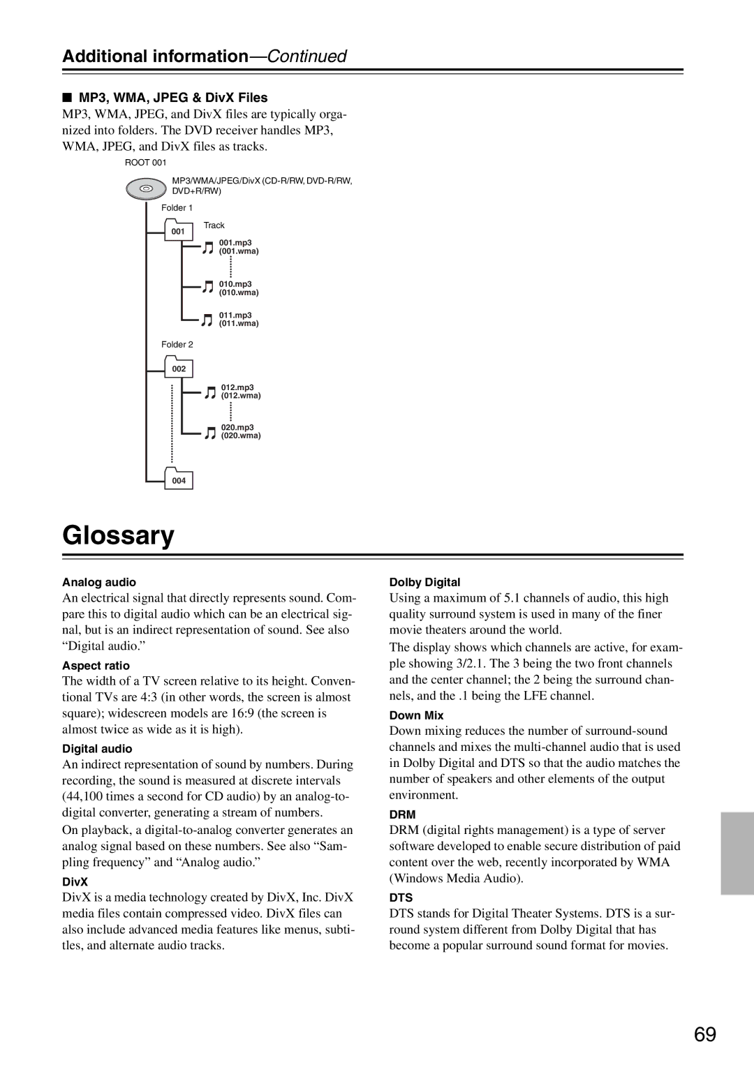 Onkyo DR-S501 instruction manual Glossary, Additional information, MP3, WMA, Jpeg & DivX Files 