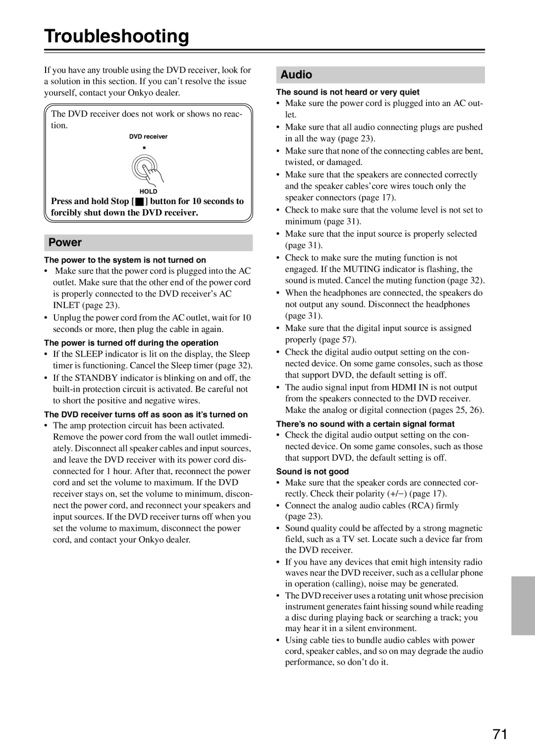 Onkyo DR-S501 instruction manual Troubleshooting, Power, Audio 