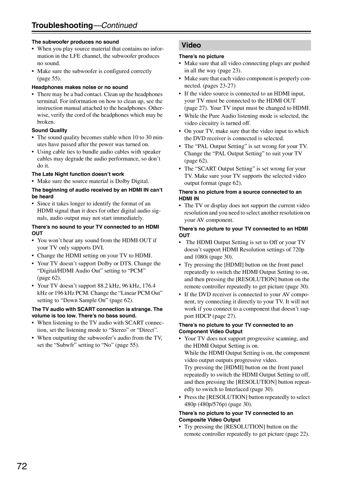 Onkyo DR-S501 instruction manual Troubleshooting, Video, Make sure the source material is Dolby Digital 