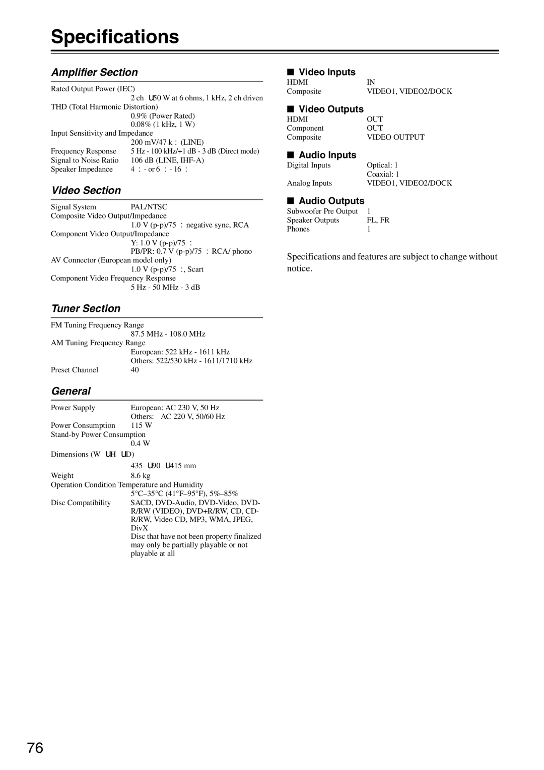 Onkyo DR-S501 instruction manual Specifications, Amplifier Section, Video Section, Tuner Section, General 