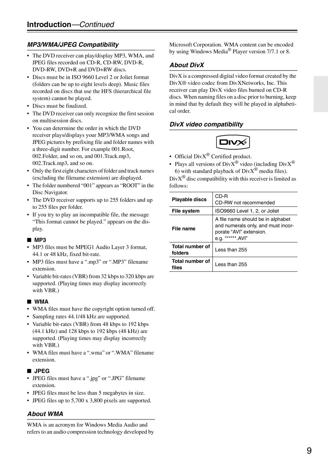 Onkyo DR-S501 instruction manual MP3/WMA/JPEG Compatibility, About WMA, About DivX, DivX video compatibility 