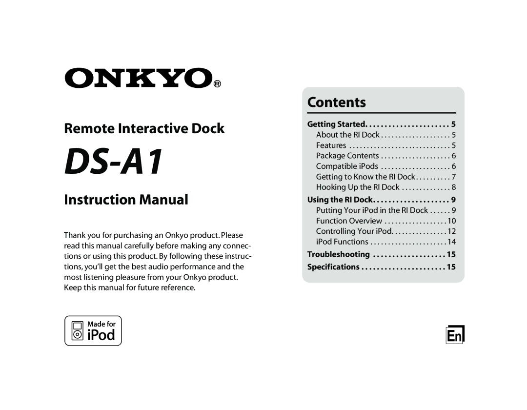 Onkyo DS-A1 instruction manual Remote Interactive Dock, Contents 