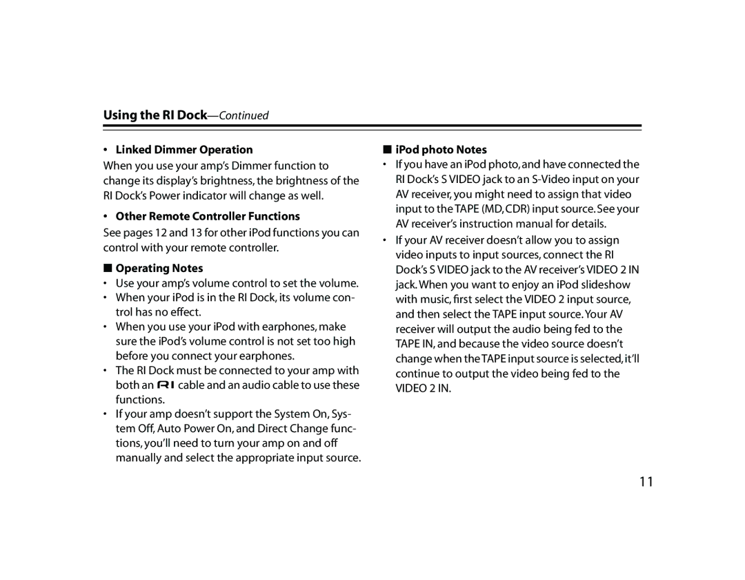 Onkyo DS-A1 Linked Dimmer Operation, Other Remote Controller Functions, Operating Notes, IPod photo Notes 