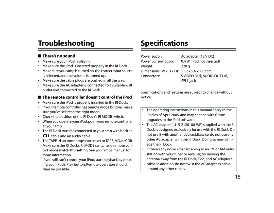 Onkyo DS-A1 instruction manual TroubleshootingSpeciﬁcations, There’s no sound 