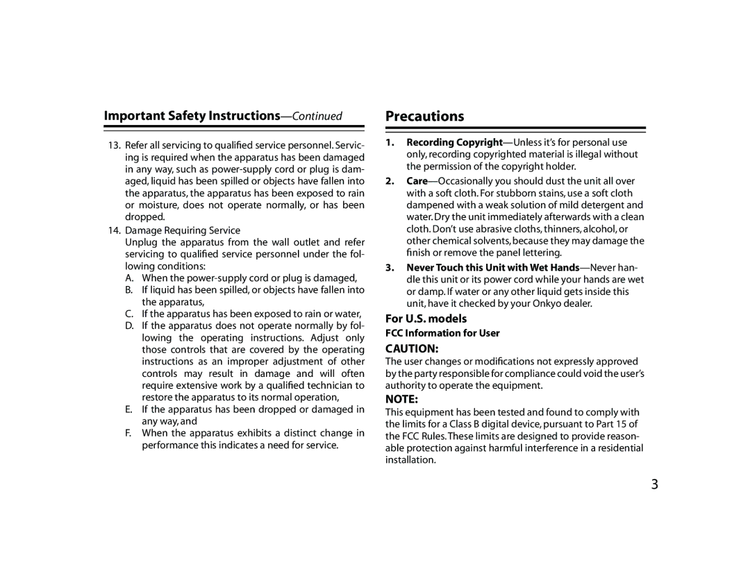 Onkyo DS-A1 instruction manual Precautions, For U.S. models 