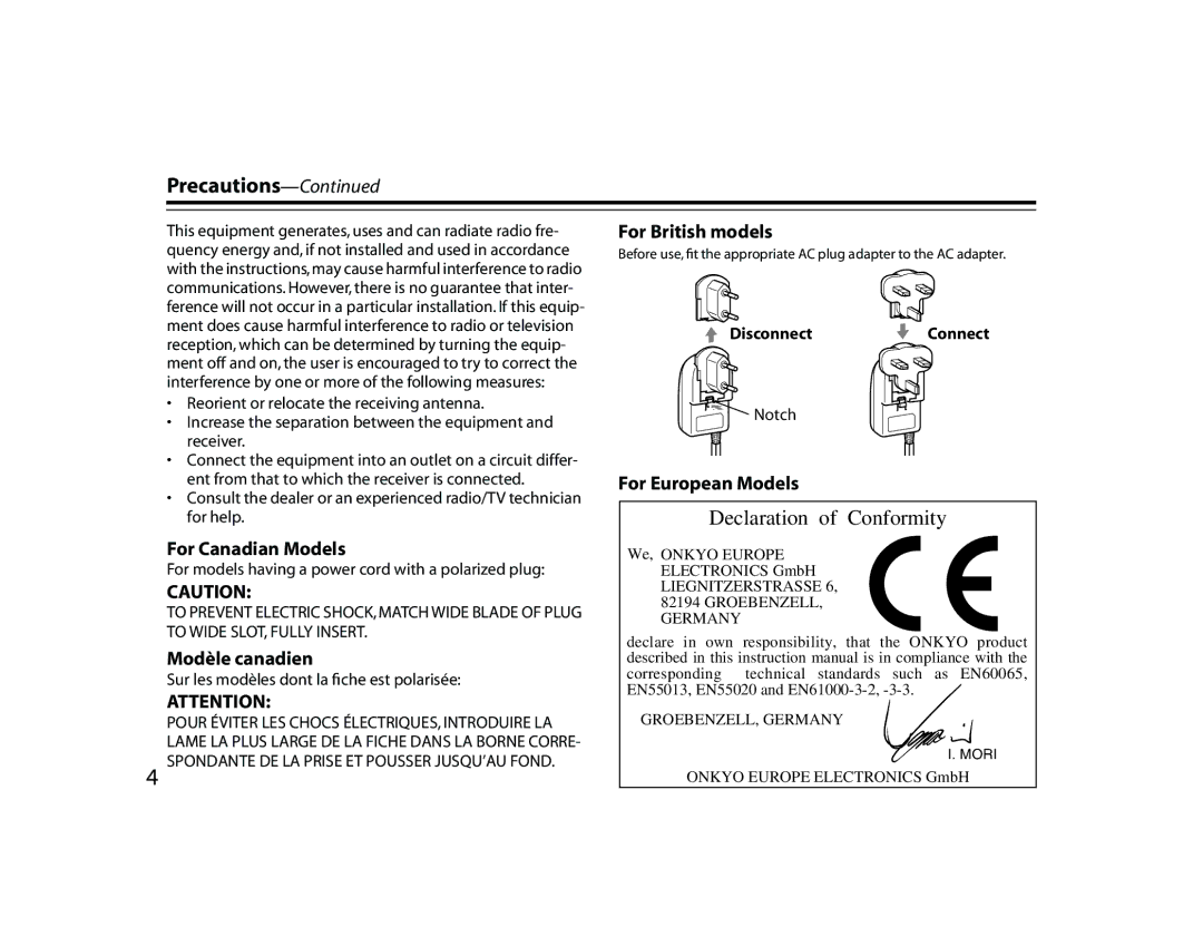 Onkyo DS-A1 instruction manual For Canadian Models, Modèle canadien, For British models, For European Models 