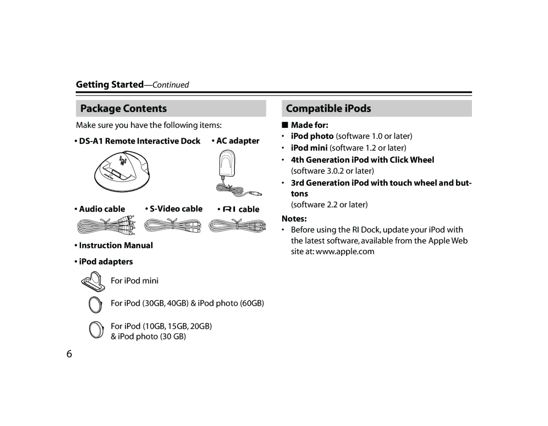 Onkyo DS-A1 instruction manual Package Contents, Compatible iPods 