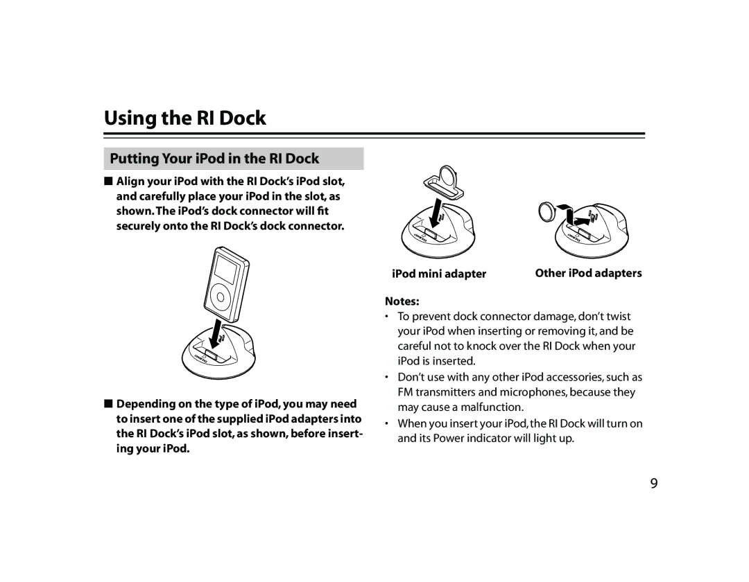 Onkyo DS-A1 instruction manual Using the RI Dock, Putting Your iPod in the RI Dock 