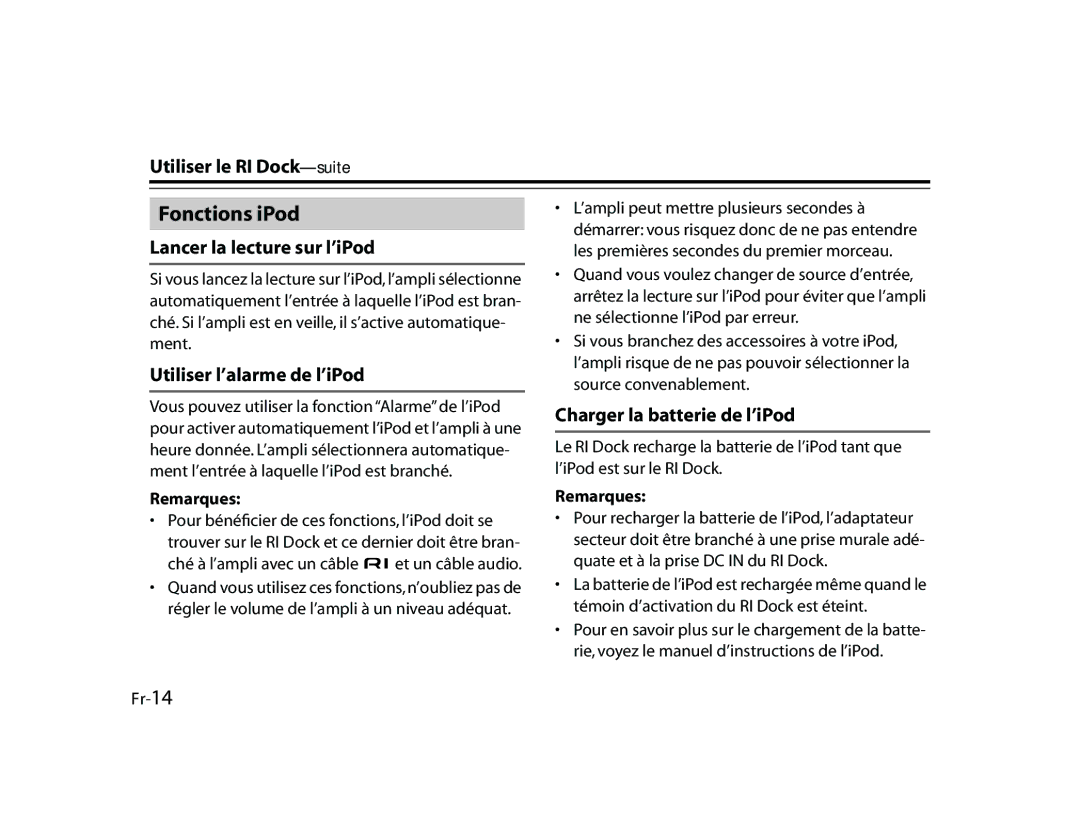 Onkyo DS-A1 manual Fonctions iPod, Lancer la lecture sur l’iPod, Utiliser l’alarme de l’iPod, Charger la batterie de l’iPod 