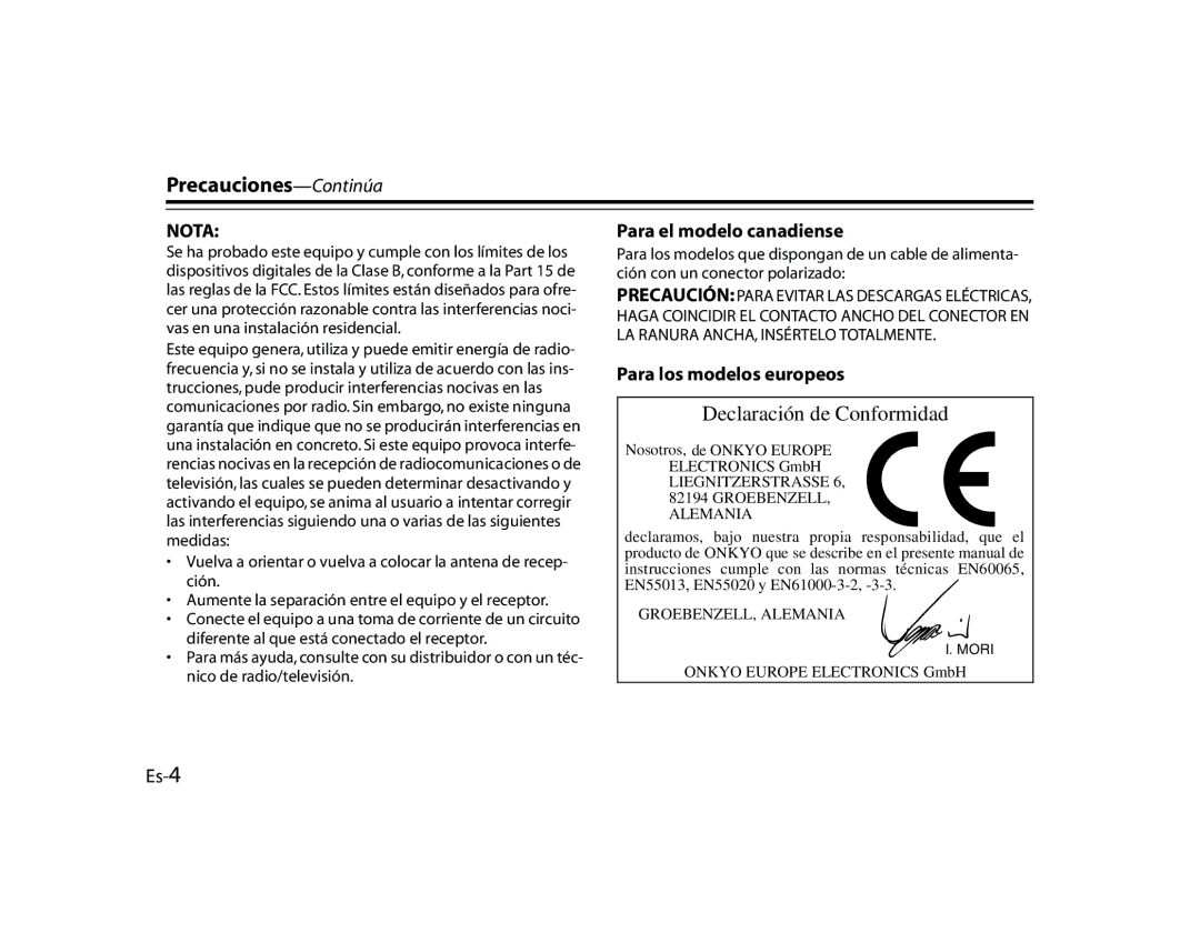 Onkyo DS-A1 manual Precauciones-Continúa, Para el modelo canadiense, Para los modelos europeos, Es-4 