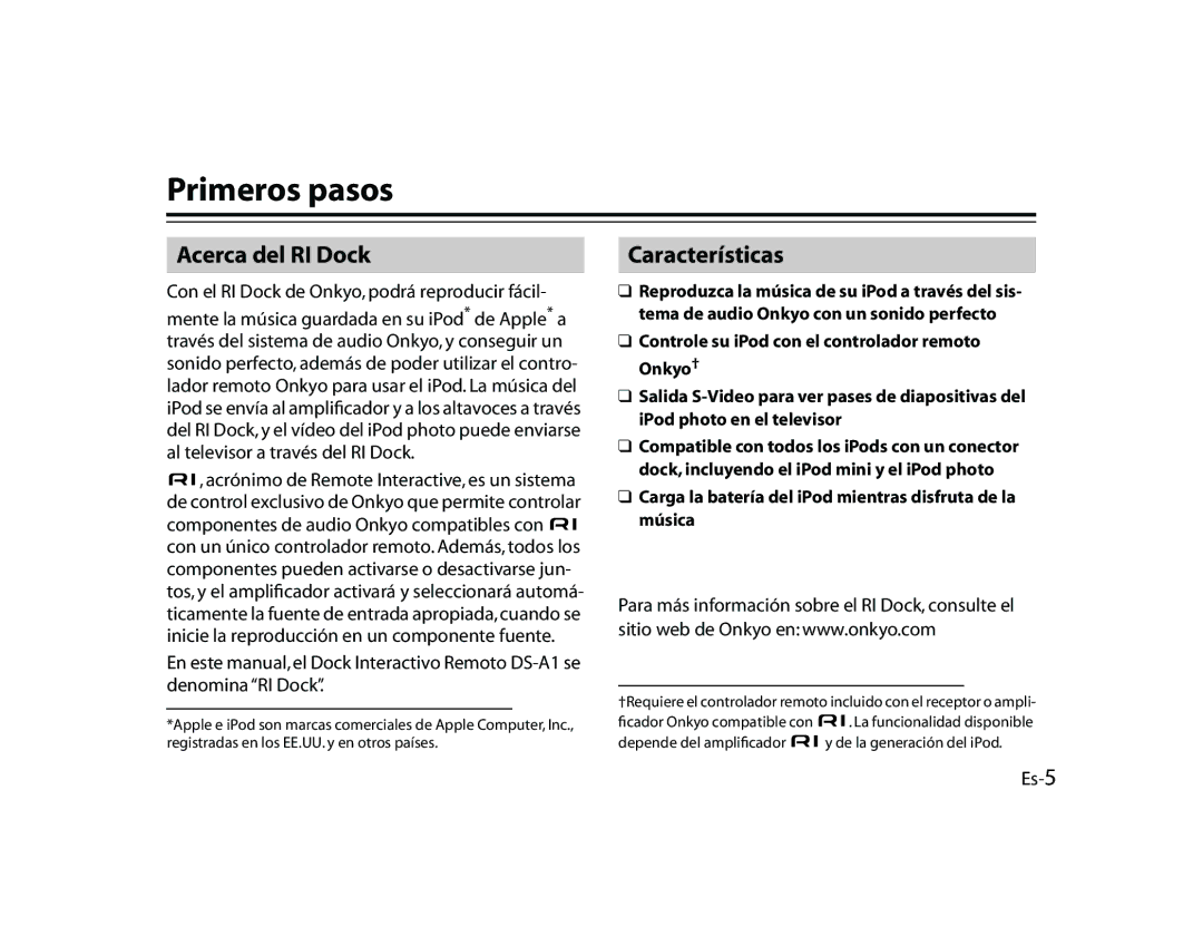 Onkyo DS-A1 Primeros pasos, Acerca del RI Dock, Características, Con el RI Dock de Onkyo, podrá reproducir fácil, Es-5 